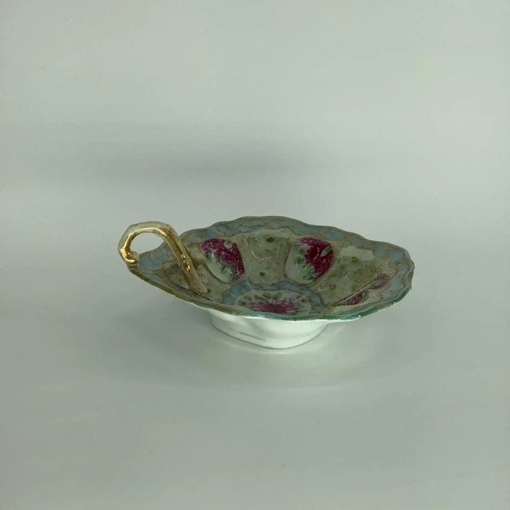 Vintage Porcelain Floral Nappy Bowl Gold Branch Handle Scalloped Blue Gold 6